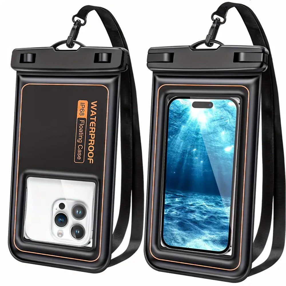 Back view of the DryDock Float-Seal phone pouch showing the IP68 floating case label