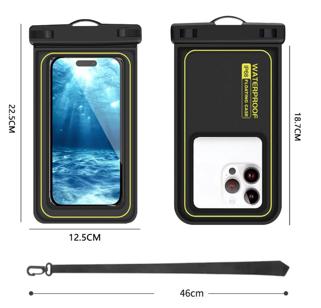 DryDock Float-Seal phone pouch dimensions, 22.5cm by 12.5cm pouch with a 46cm adjustable strap