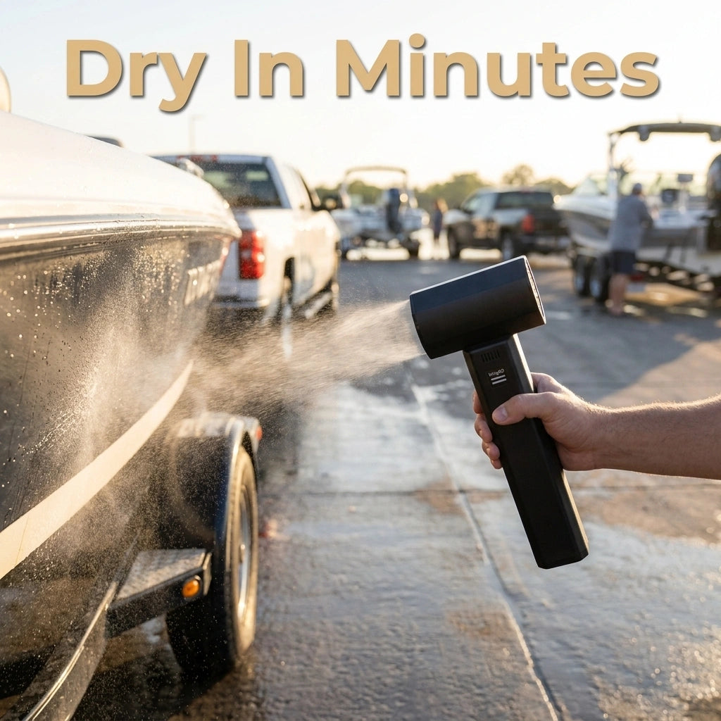 DryDock Cordless Marine Jet Blower being used to blast water off a boat and trailer at the ramp, dry in minutes