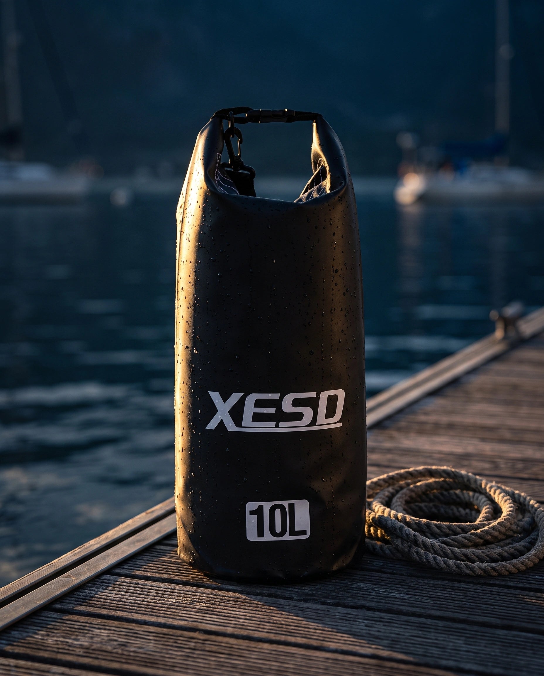 DryDock X-Series 10L Dry Bag in Black on a wooden boat dock at golden hour