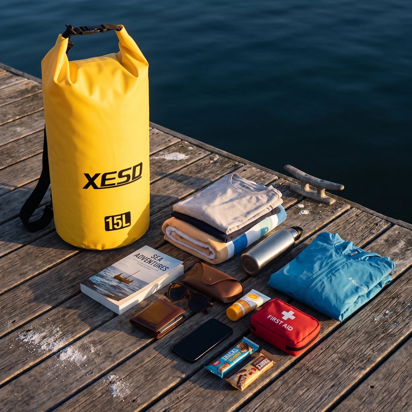 DryDock X-Series 15L Yellow Dry Bag with clothes, towel, water bottle, book and first aid kit it can carry