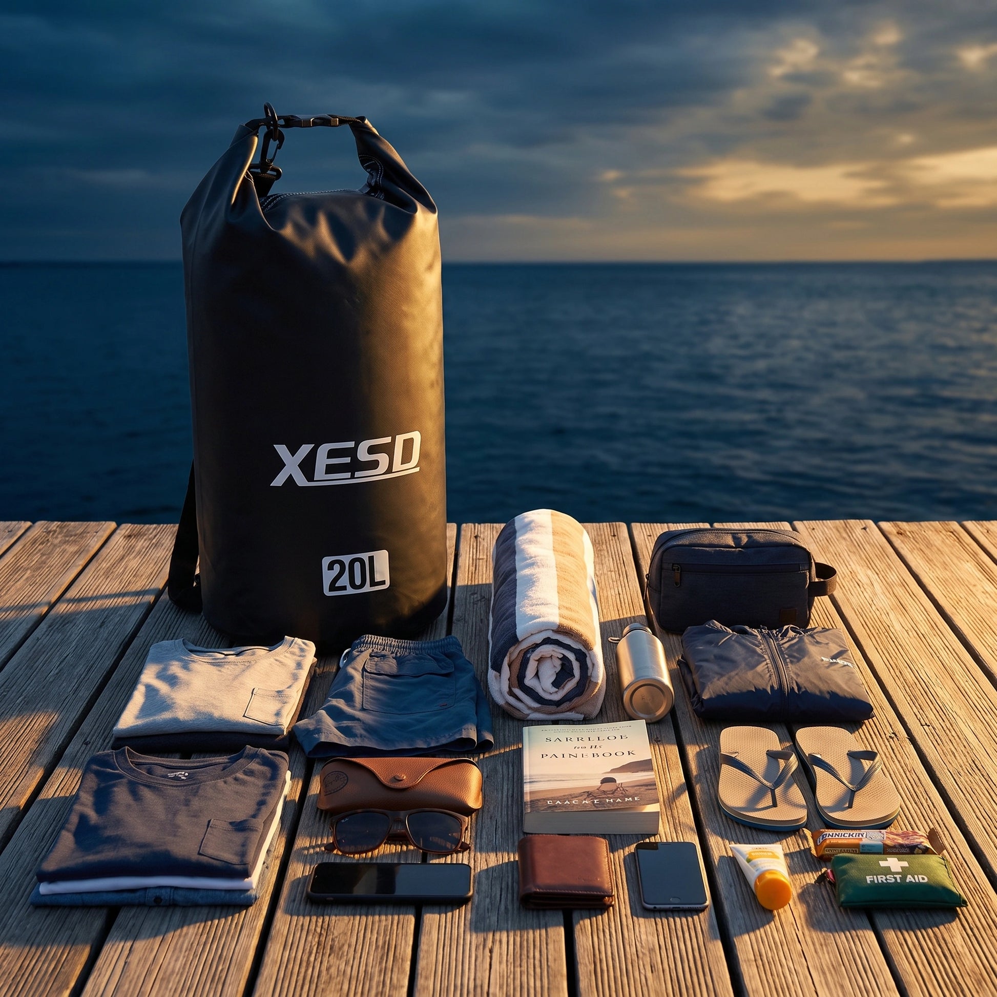 DryDock X-Series 20L Black Dry Bag with two changes of clothes, towel, toiletries and sandals it can carry