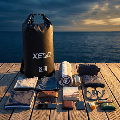 DryDock X-Series 20L Black Dry Bag with two changes of clothes, towel, toiletries and sandals it can carry