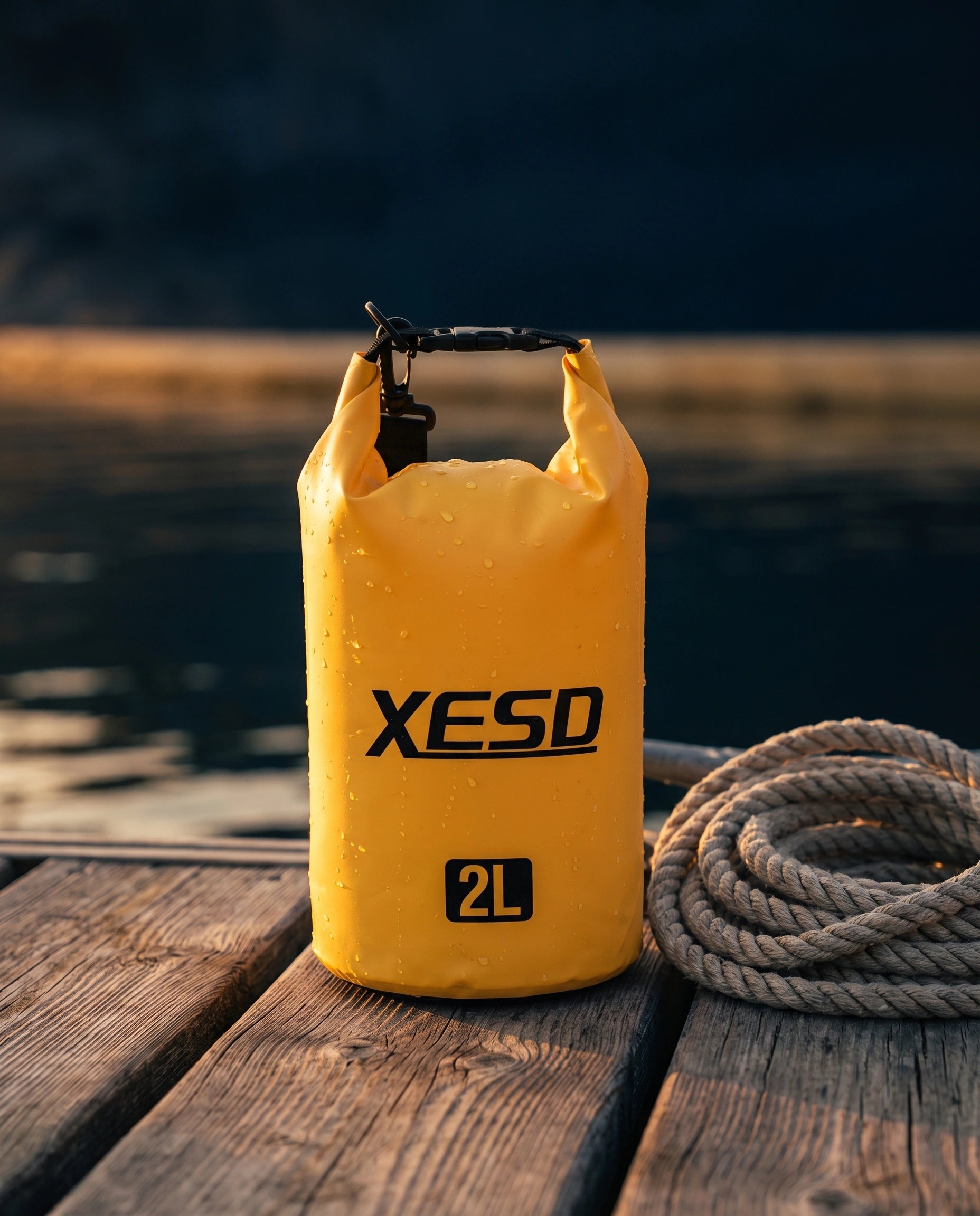 DryDock X-Series 2L Dry Bag in Yellow on a wooden boat dock at golden hour