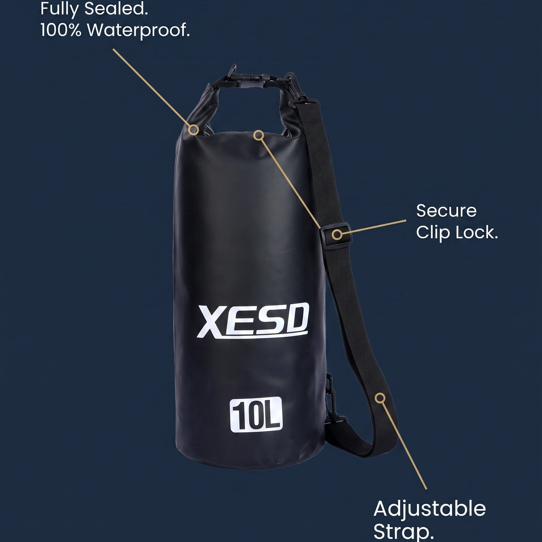 DryDock X-Series Dry Bag features diagram showing the waterproof roll top seal, secure clip lock and adjustable strap