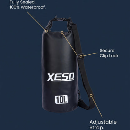 DryDock X-Series Dry Bag features diagram showing the waterproof roll top seal, secure clip lock and adjustable strap