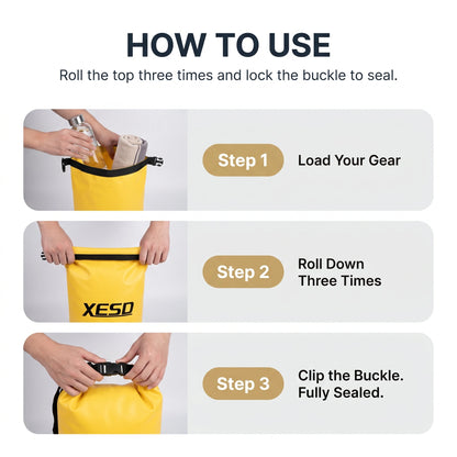 How to use the DryDock X-Series Dry Bag in three steps, load gear, roll down three times and clip the buckle