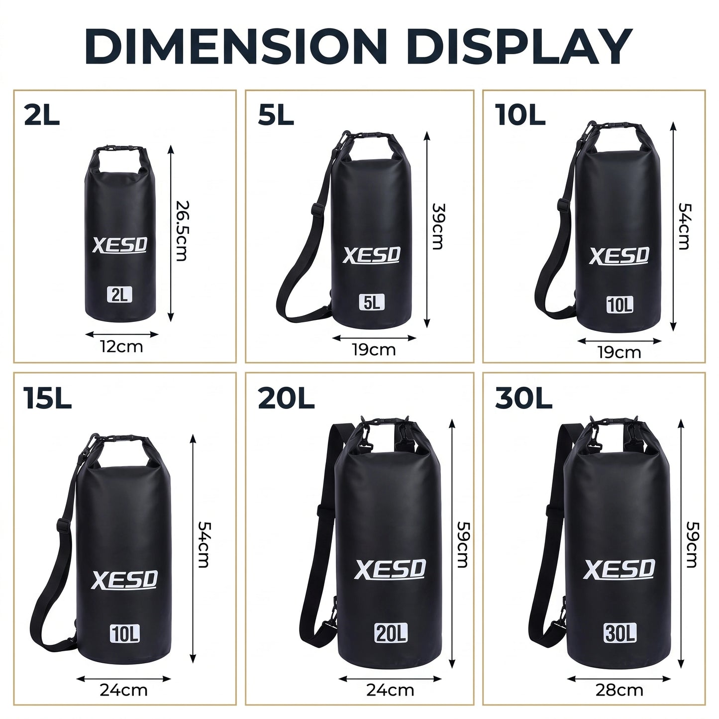 DryDock X-Series Dry Bag size chart showing dimensions in centimeters for the 2L, 5L, 10L, 15L, 20L and 30L sizes