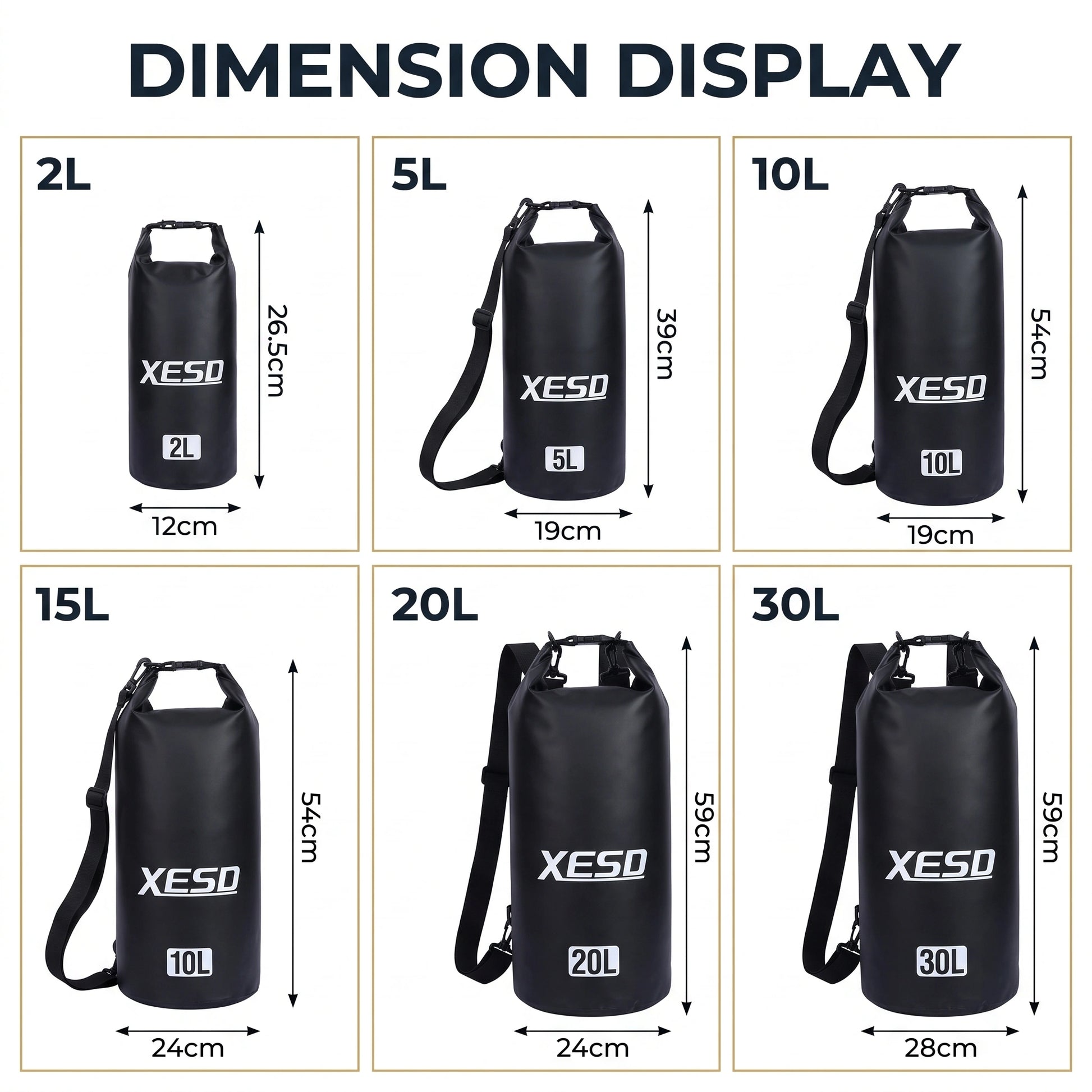 DryDock X-Series Dry Bag size chart showing dimensions in centimeters for the 2L, 5L, 10L, 15L, 20L and 30L sizes