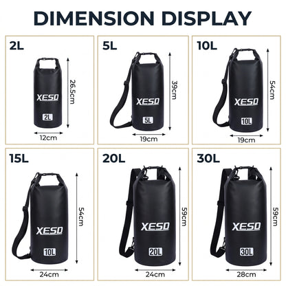 DryDock X-Series Dry Bag size chart showing dimensions in centimeters for the 2L, 5L, 10L, 15L, 20L and 30L sizes